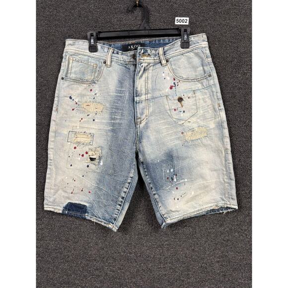 AKOO Denim Shorts Mens 32 Light Wash Blue Distressed Paint Splatter Standard Fit - Picture 1 of 10